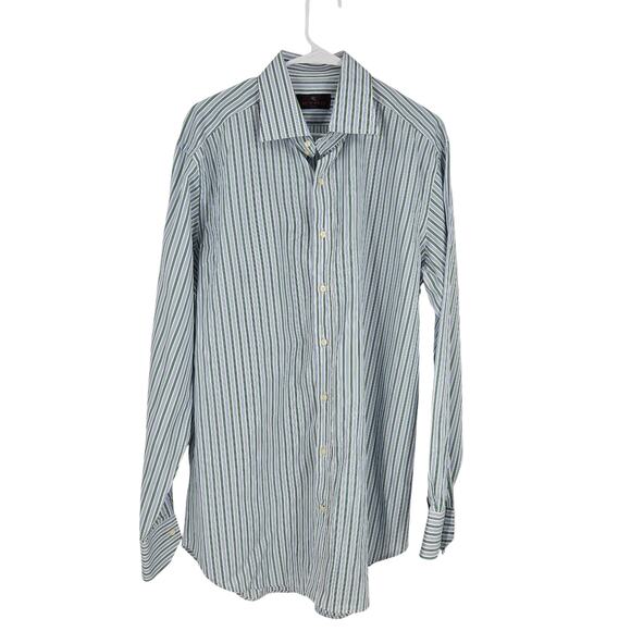 Etro Men's Shirt White Blue Green Striped Button Down Long Sleeve Italy Size L - Picture 1 of 6